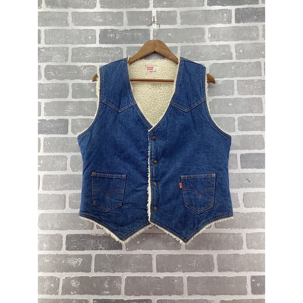Vintage Levis Denim‎ Sherpa Lined Vest Mens Large Orange Tab Made in USA Western